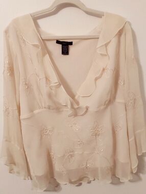 Silkland Blouse, Size 1X, Cream, Sheer, Lined, Embroidery